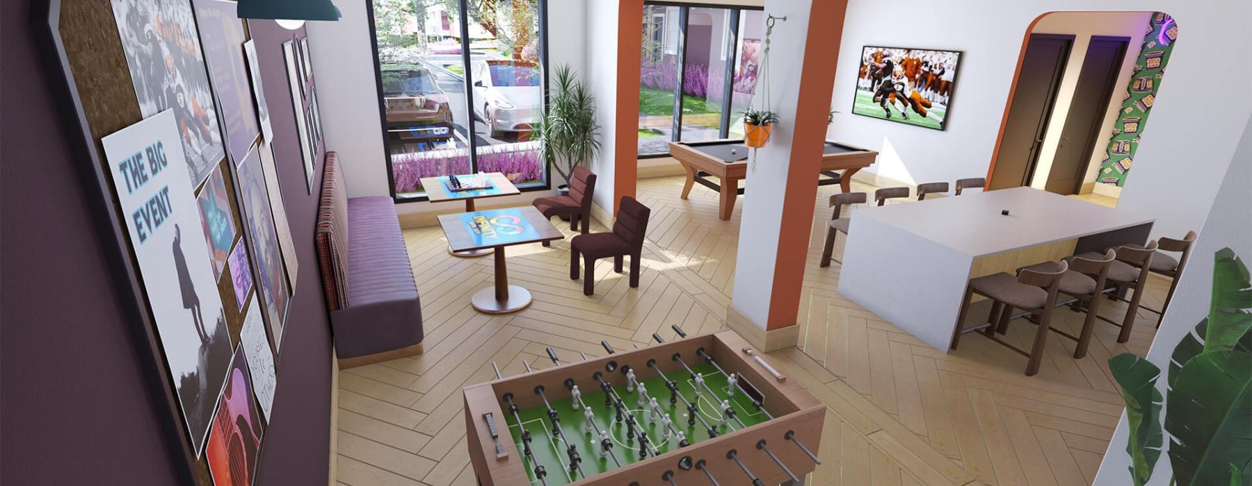 a room with a table and chairs