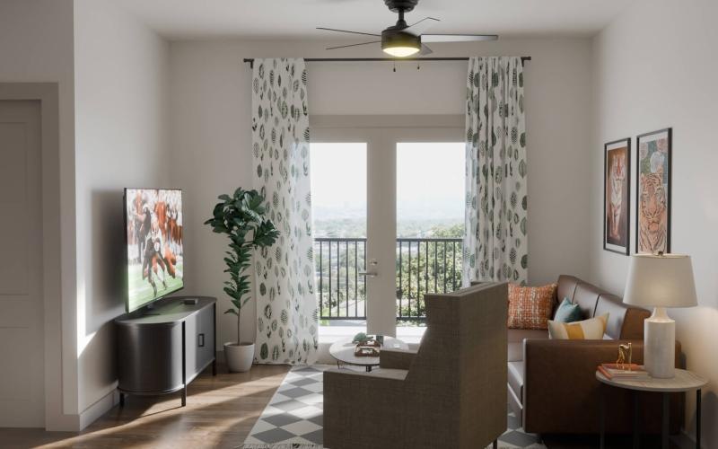a living room with a large window