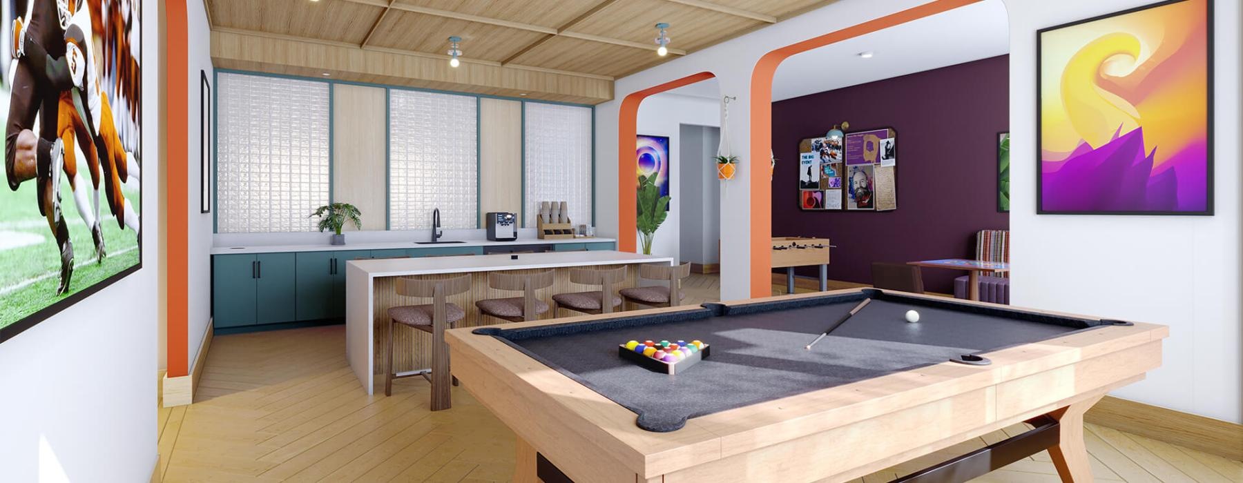 a room with a pool table and chairs
