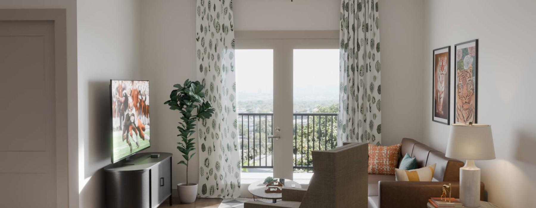 a living room with a large window