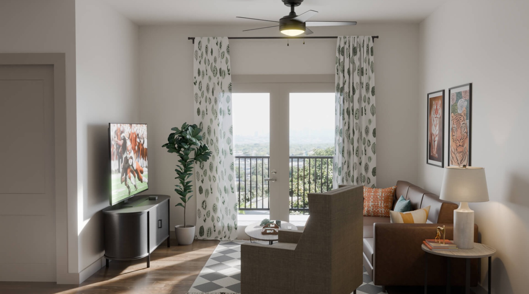 living room with furniture ceiling fan and doors to a patio