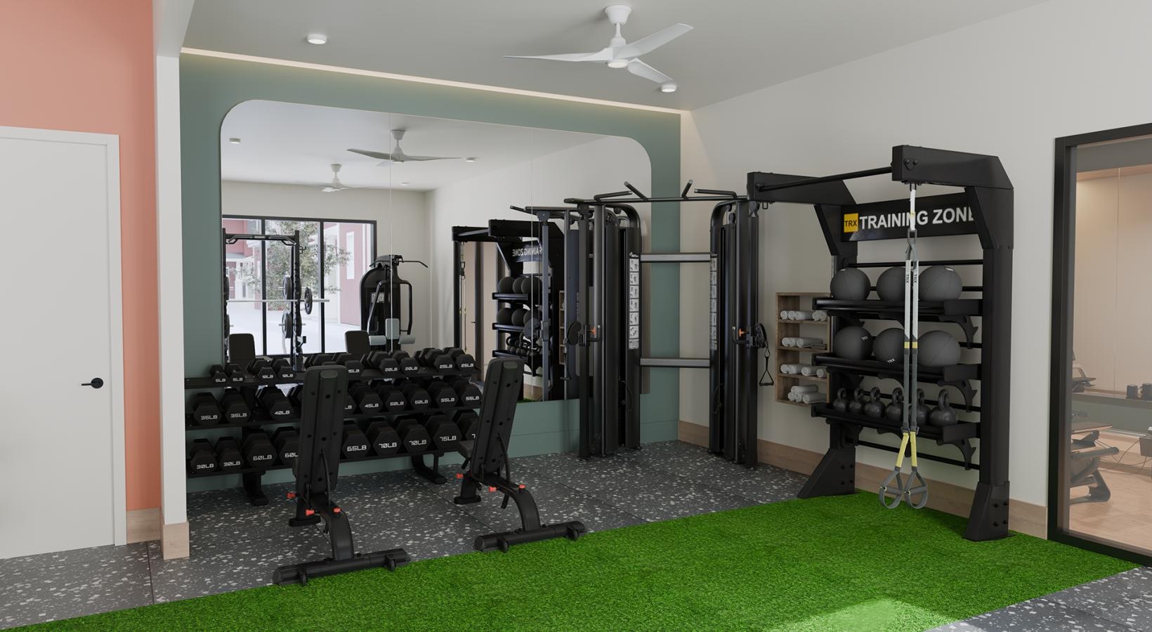 a gym with treadmills