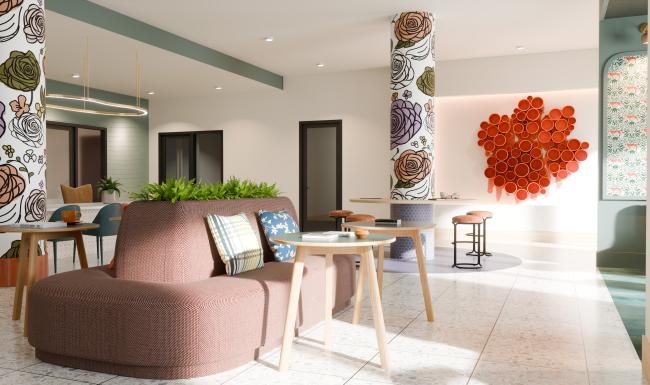 a living room with a couch and coffee table