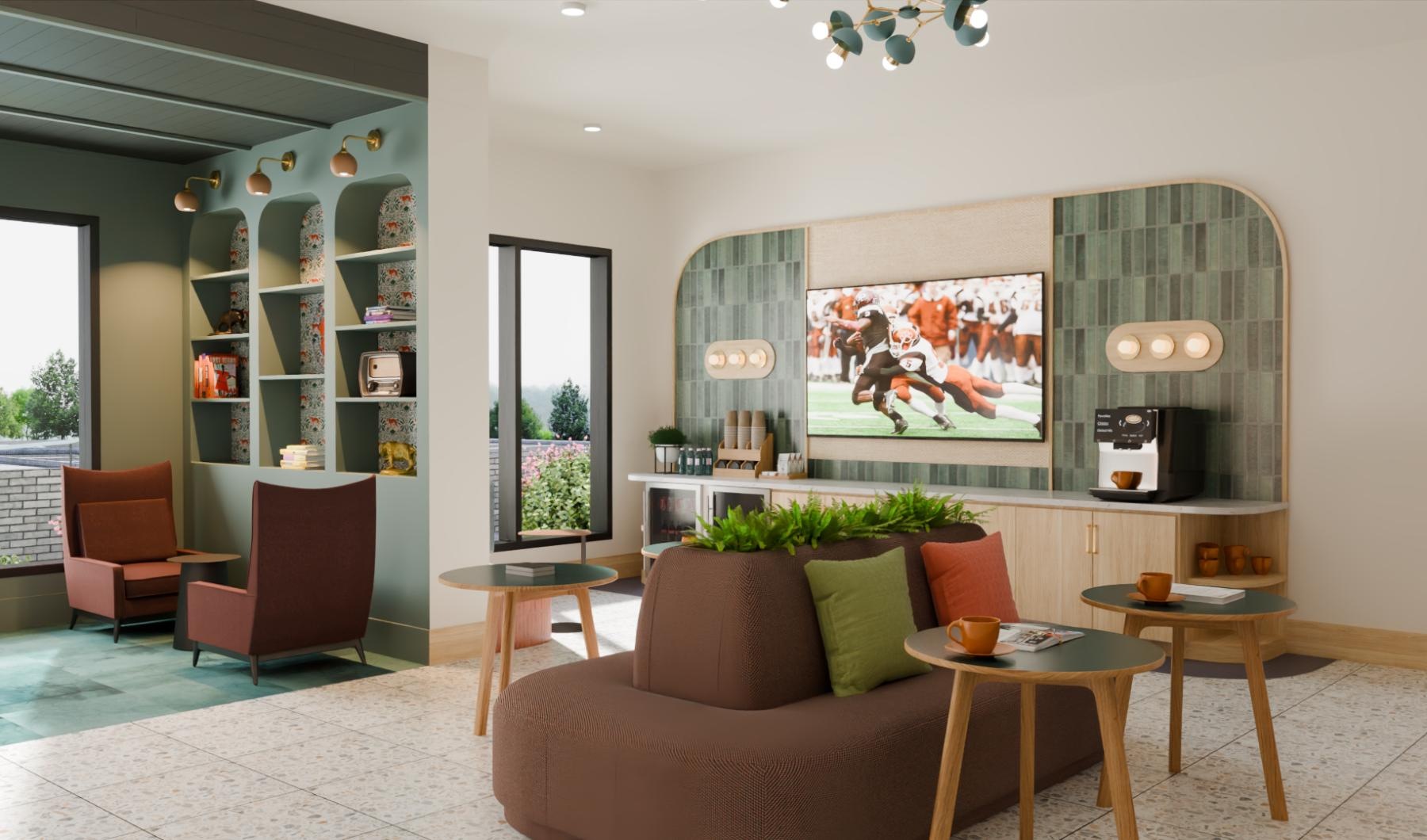 a living room with a large painting