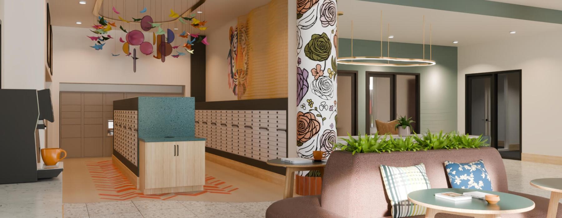lounge with modern decor and ample seating