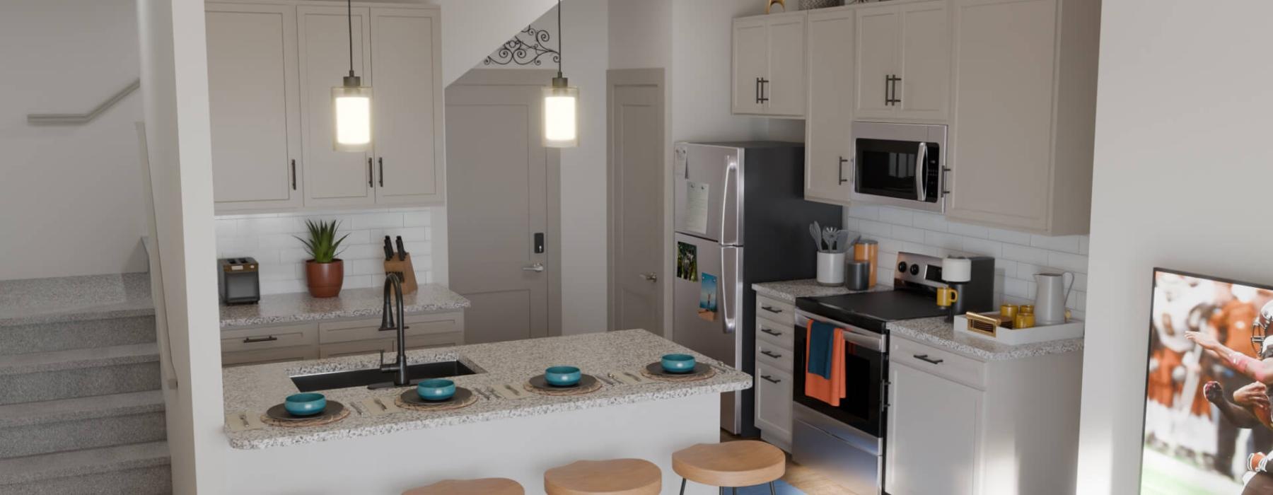 a kitchen with white cabinets