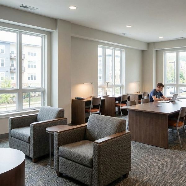 quiet resident study lounge with individual desks