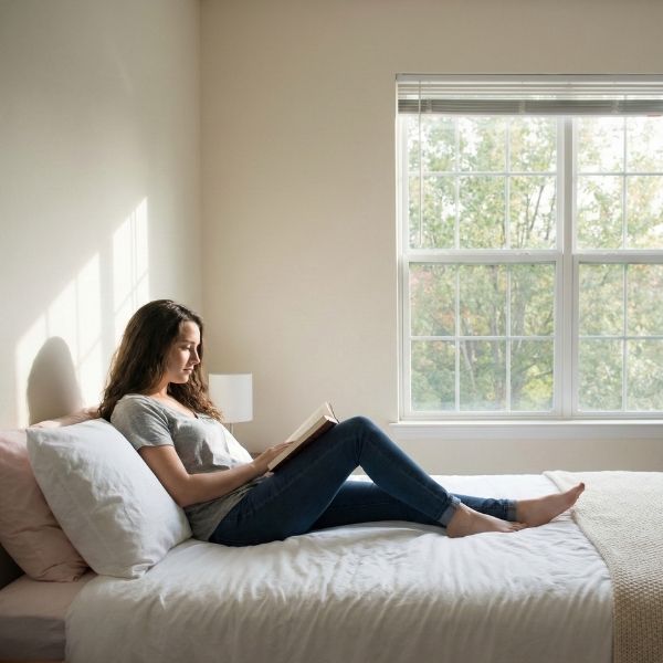 female student studying peacefully in a quiet, sunlit townhome bedroom