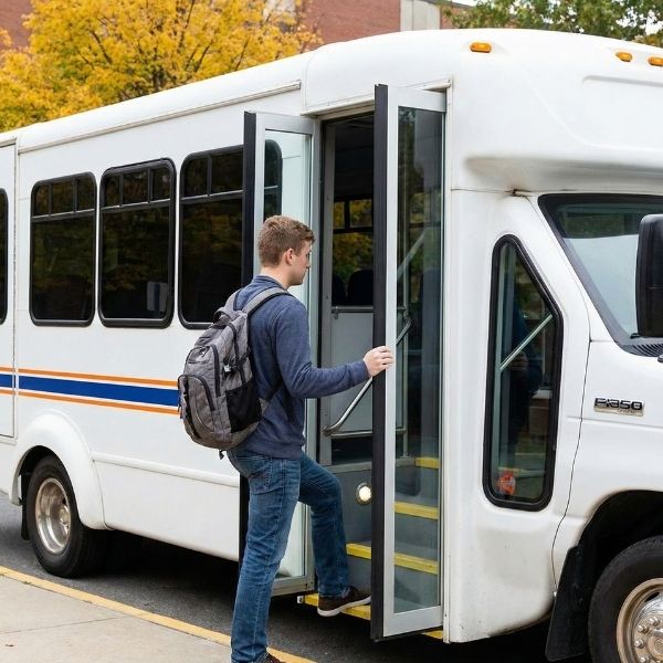 student with a backpack stepping onto a white university shuttle bus