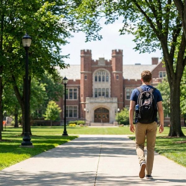 student with a backpack walks on a tree-lined path towards a large university building