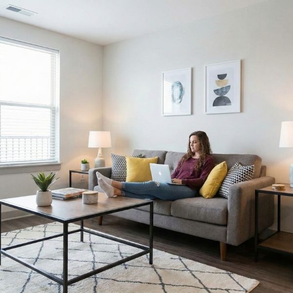 student relaxing on a sofa with a laptop in a stylishly furnished apartment living room