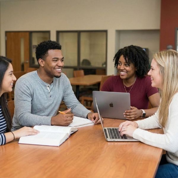four students smiling and collaborating around a table with laptops and books