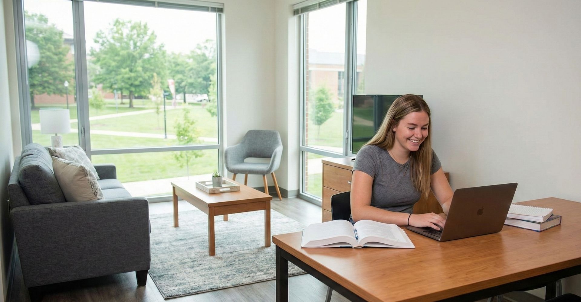 student smiles while working on her laptop at a desk in a modern, sunlit apartment