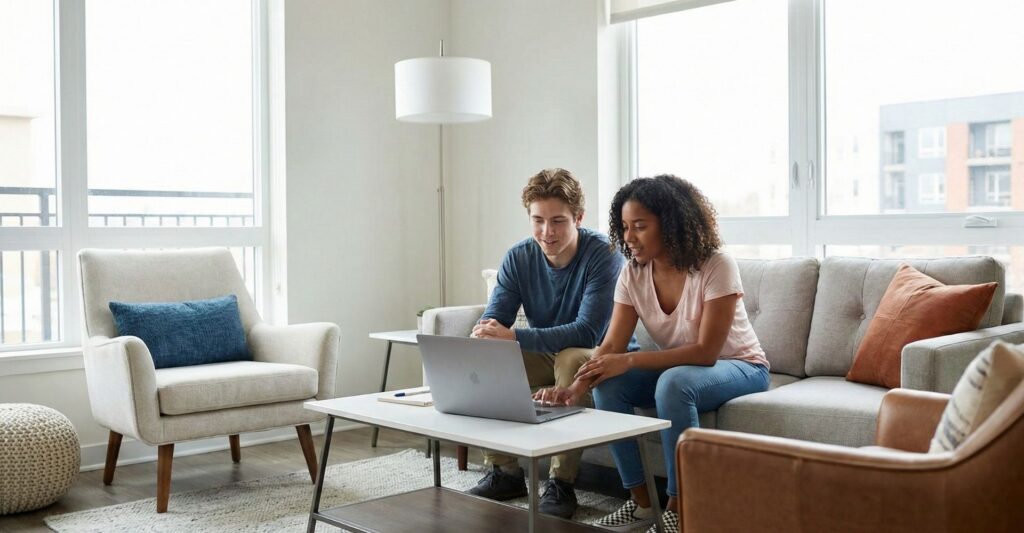 Two college-aged friends looking at a laptop